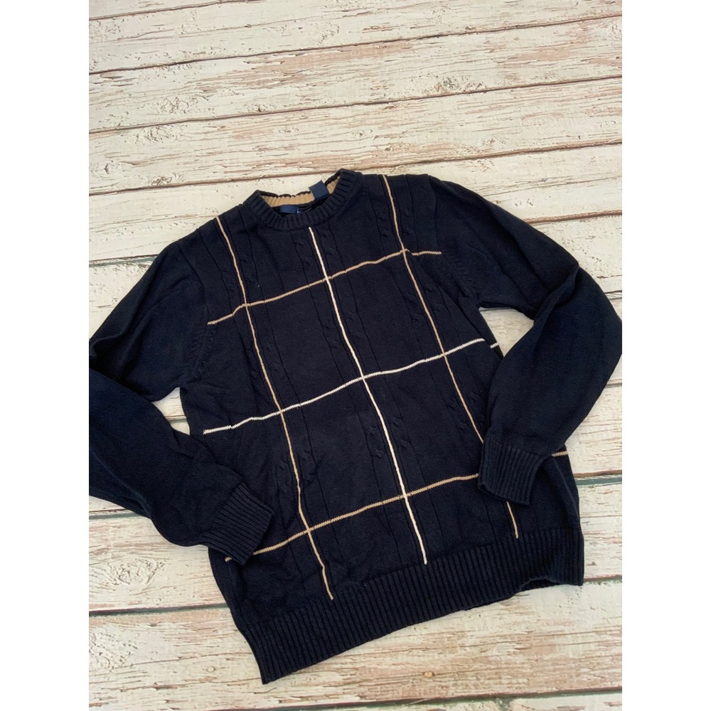 Basic Editions Mens Navy Blue Cable Knit Plaid‎ Grid Dad Grandpa Sweater Medium